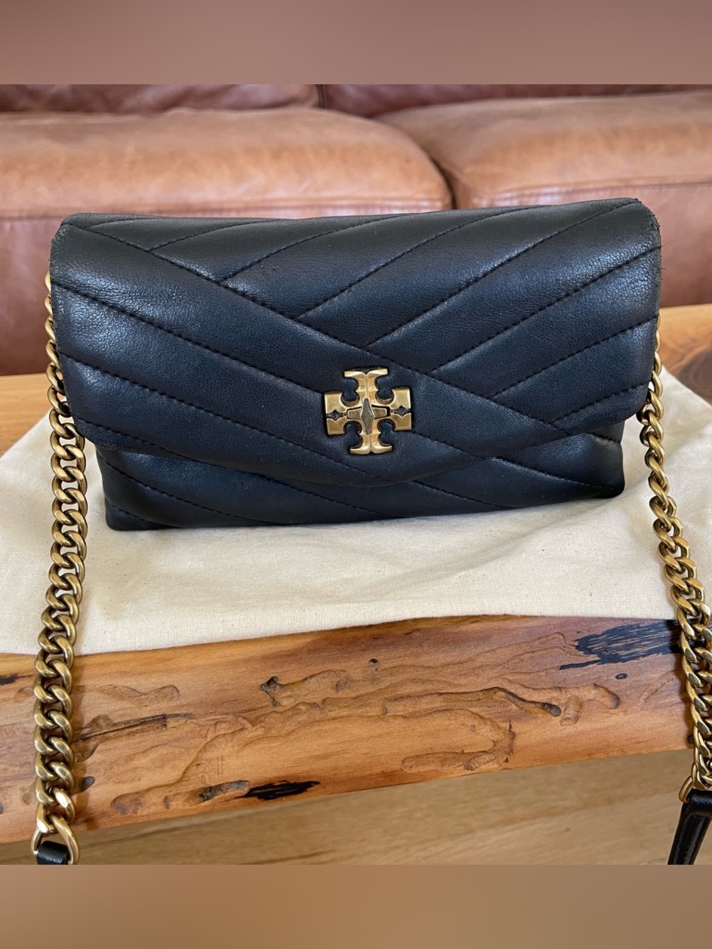 Tory Burch Black Quilted Leather Crossbody with Gold Hardware
